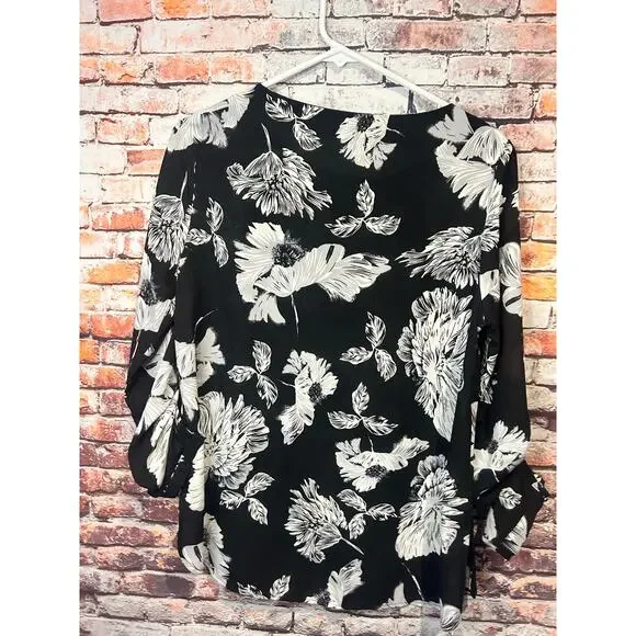 Black cream Daniel Rainn 3/4 sleeve floral blouse top shirt women's size medium - Picture 4 of 6